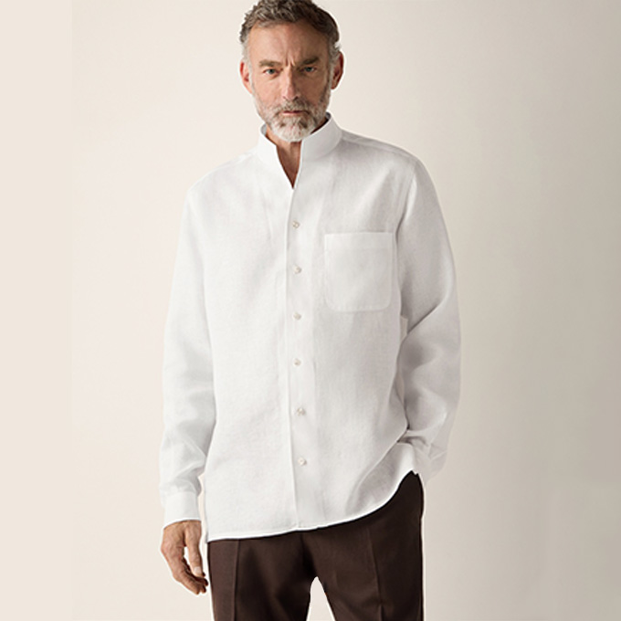 zegna oasi lino linen stand collar shirt